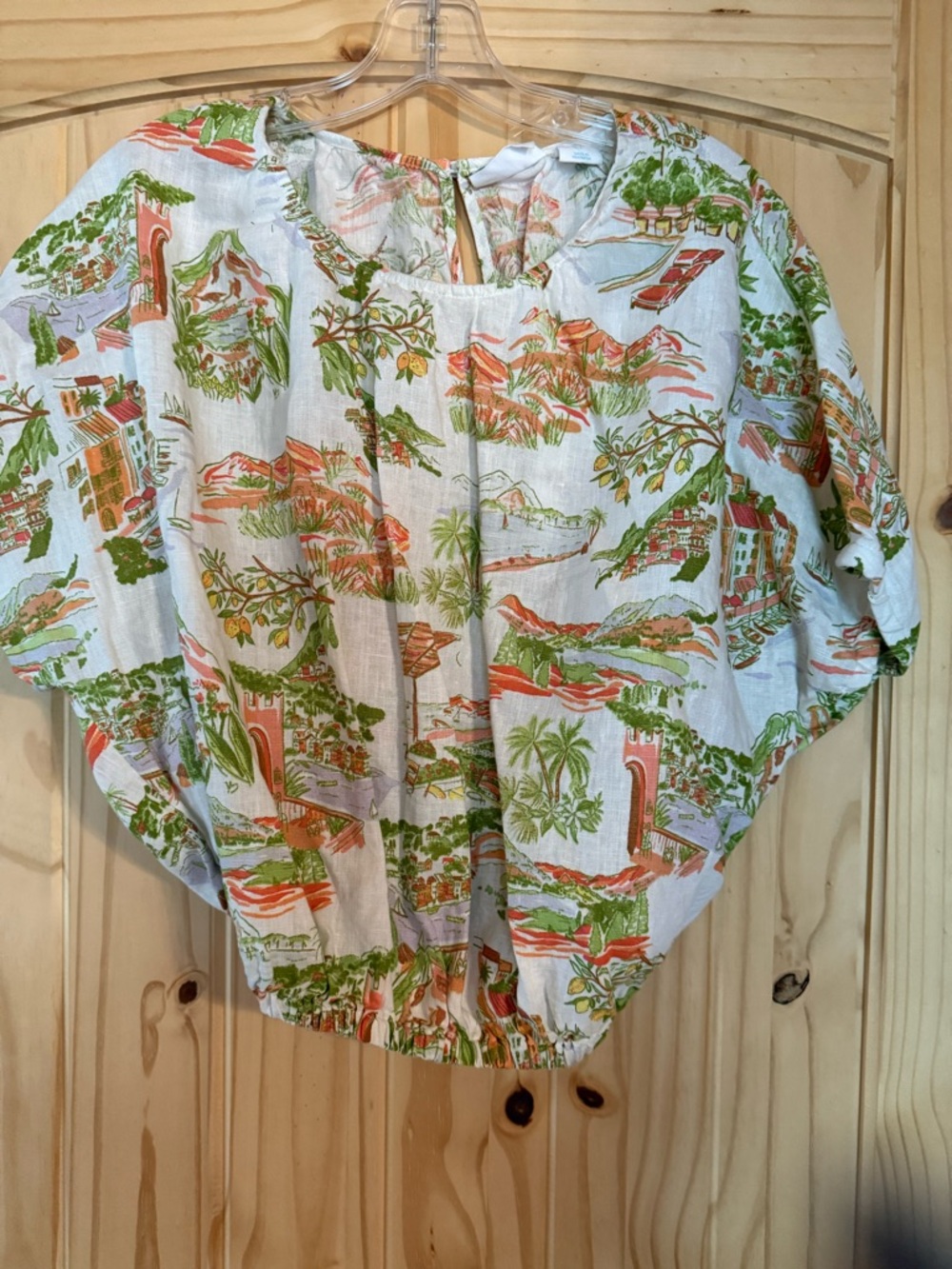 Cynthia Rowley White Linen Blouse with Green & Coral Floral Print